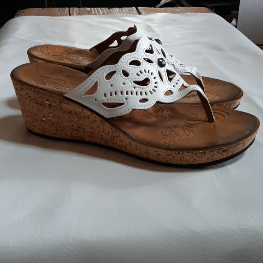 Clark's Mimmey Anne White Cork Wedge Heel Sandals